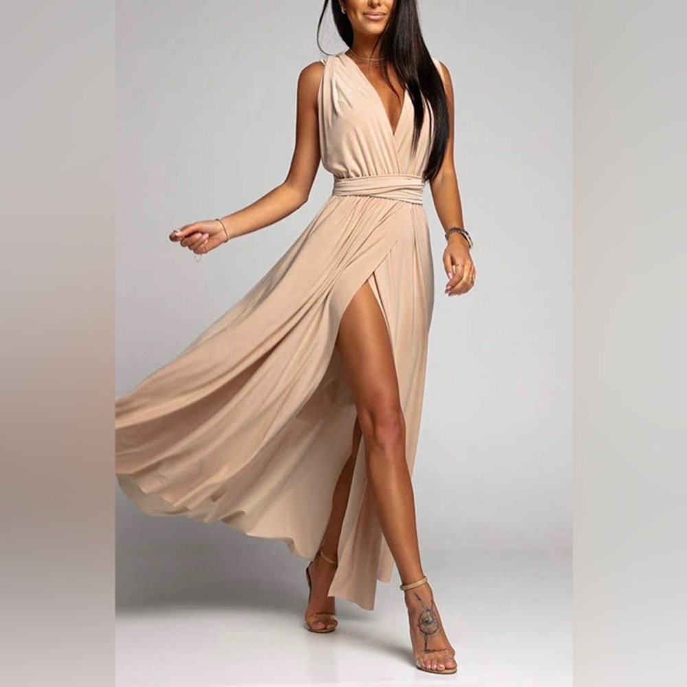 V Neck Sleeveless Back Criss Cross High Slit Maxi
Party Dress